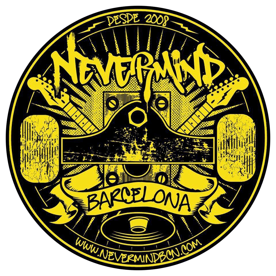 Logo circular del bar Nevermind Barcelona en amarillo y negro con guitarras y monopatín